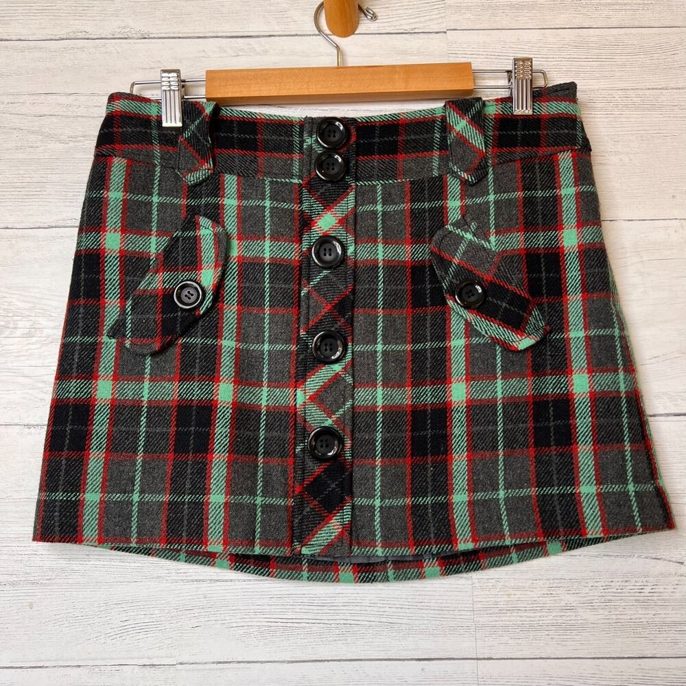 Kensie Girl Skirt Womens SZ 5 Colorful Plaid Wool Academia Buttons Pockets Mini